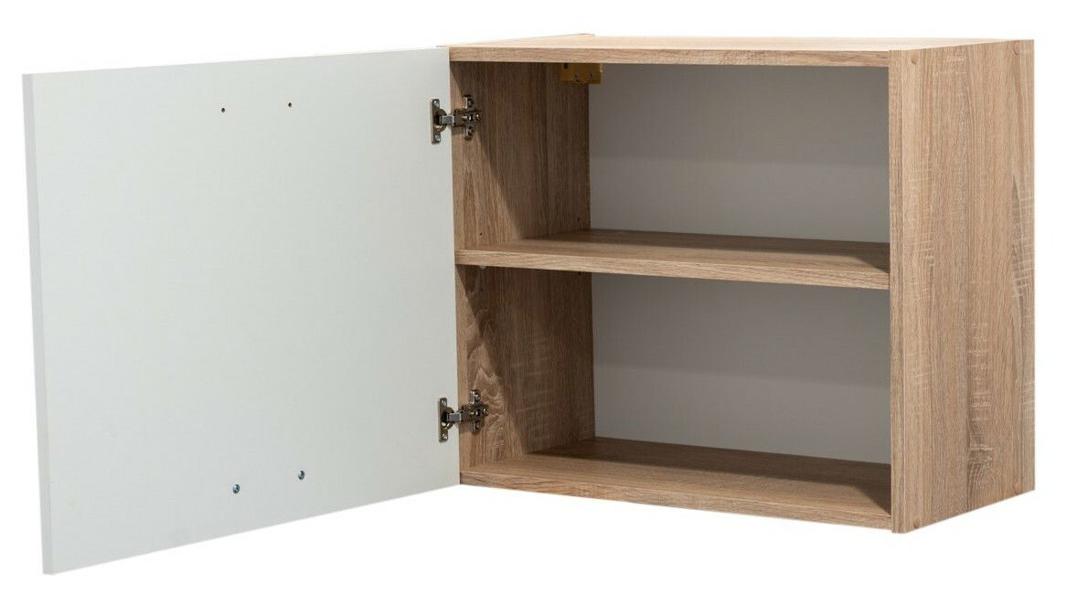 Hängeschrank 60 mit geöffneter Tür, zeigt zwei Regalböden aus Holzoptik von schräg vorne.