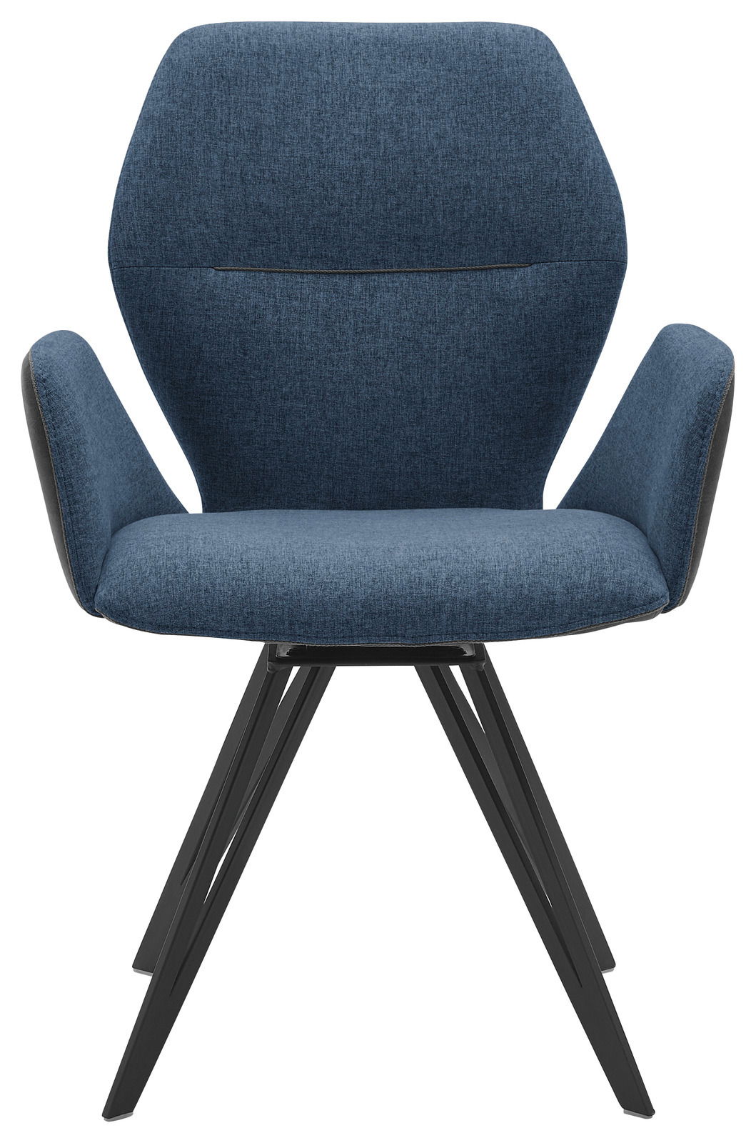 Moderner blauer Armlehnenstuhl mit schwarzem Metallgestell, Frontalansicht