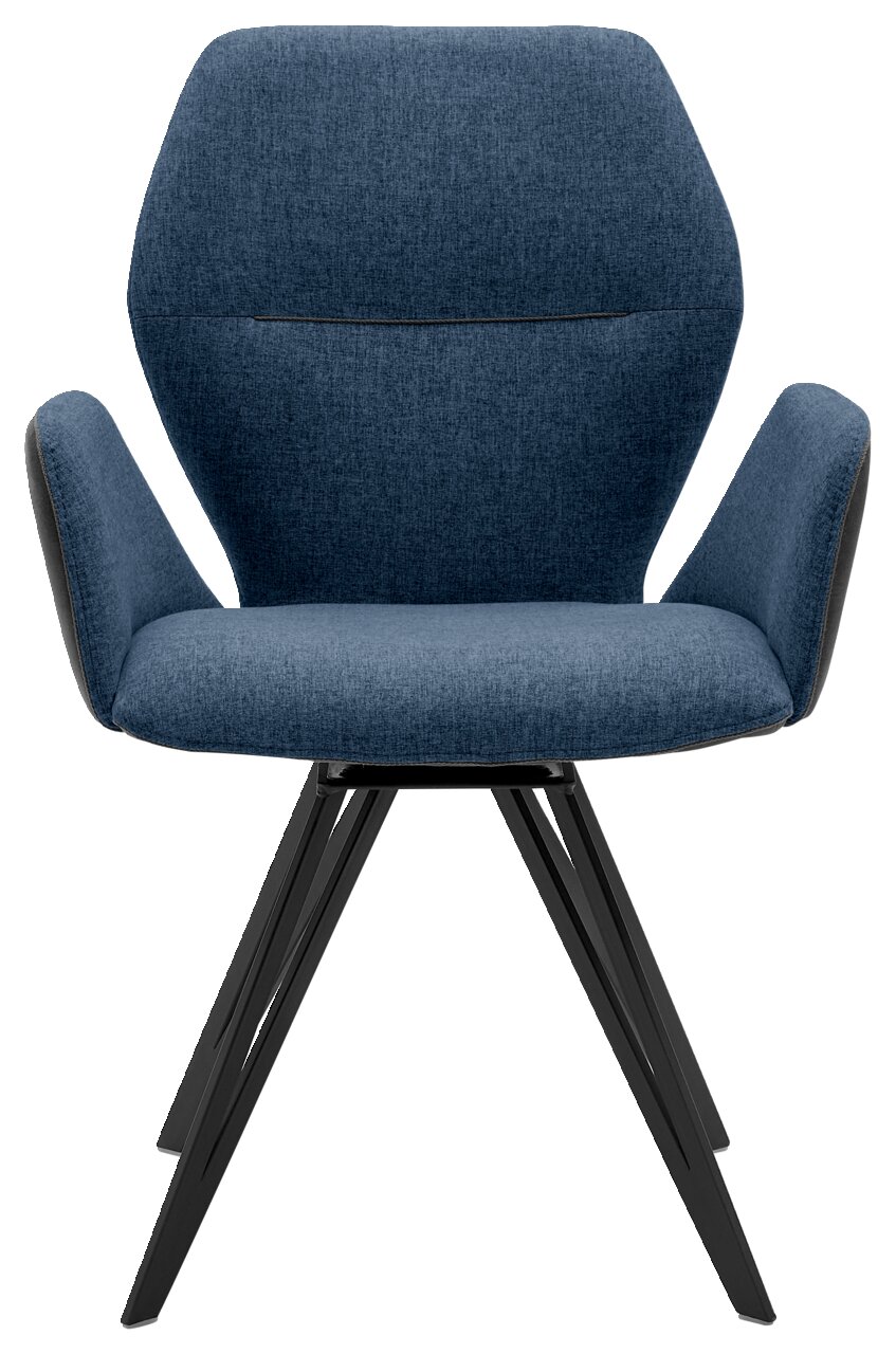 Moderner blauer Armlehnenstuhl mit schwarzem Metallgestell, Frontalansicht