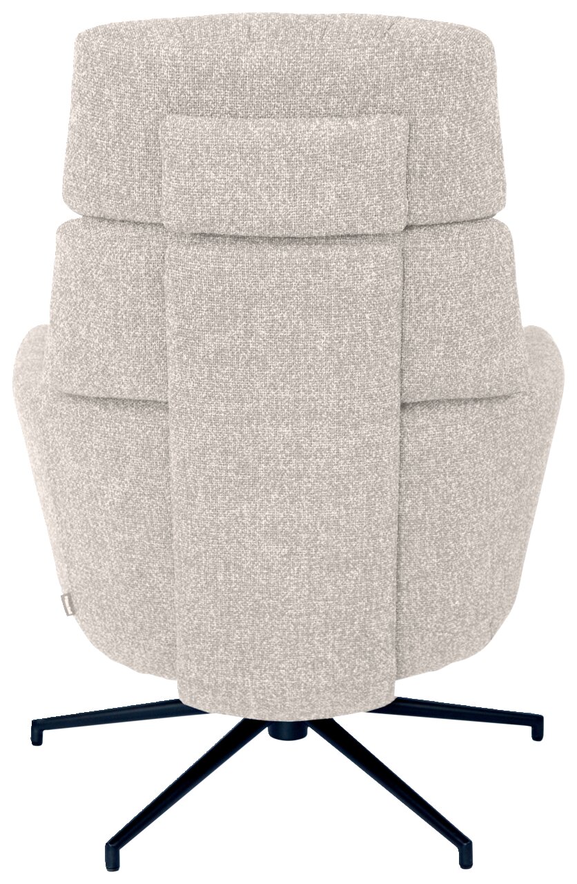 Achterkant van een grijze fauteuil met bijzetkruk, op een zwart draaipootonderstel.