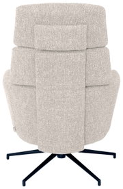 Achterkant van een grijze fauteuil met bijzetkruk, op een zwart draaipootonderstel.