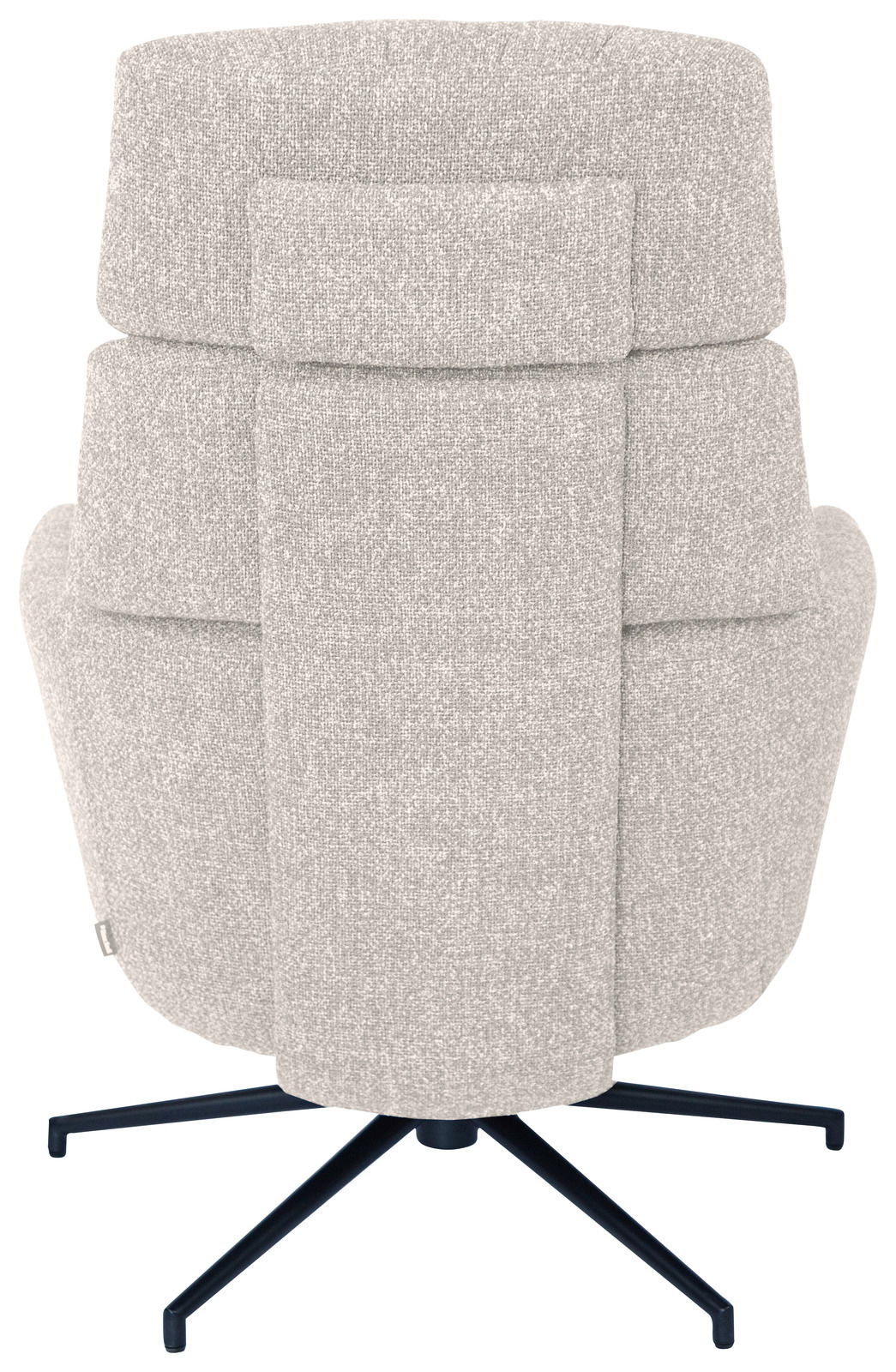 Rückansicht eines grauen Sessels mit Hocker, auf einem schwarzen Drehgestell.