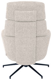 Rückansicht eines grauen Sessels mit Hocker, auf einem schwarzen Drehgestell.