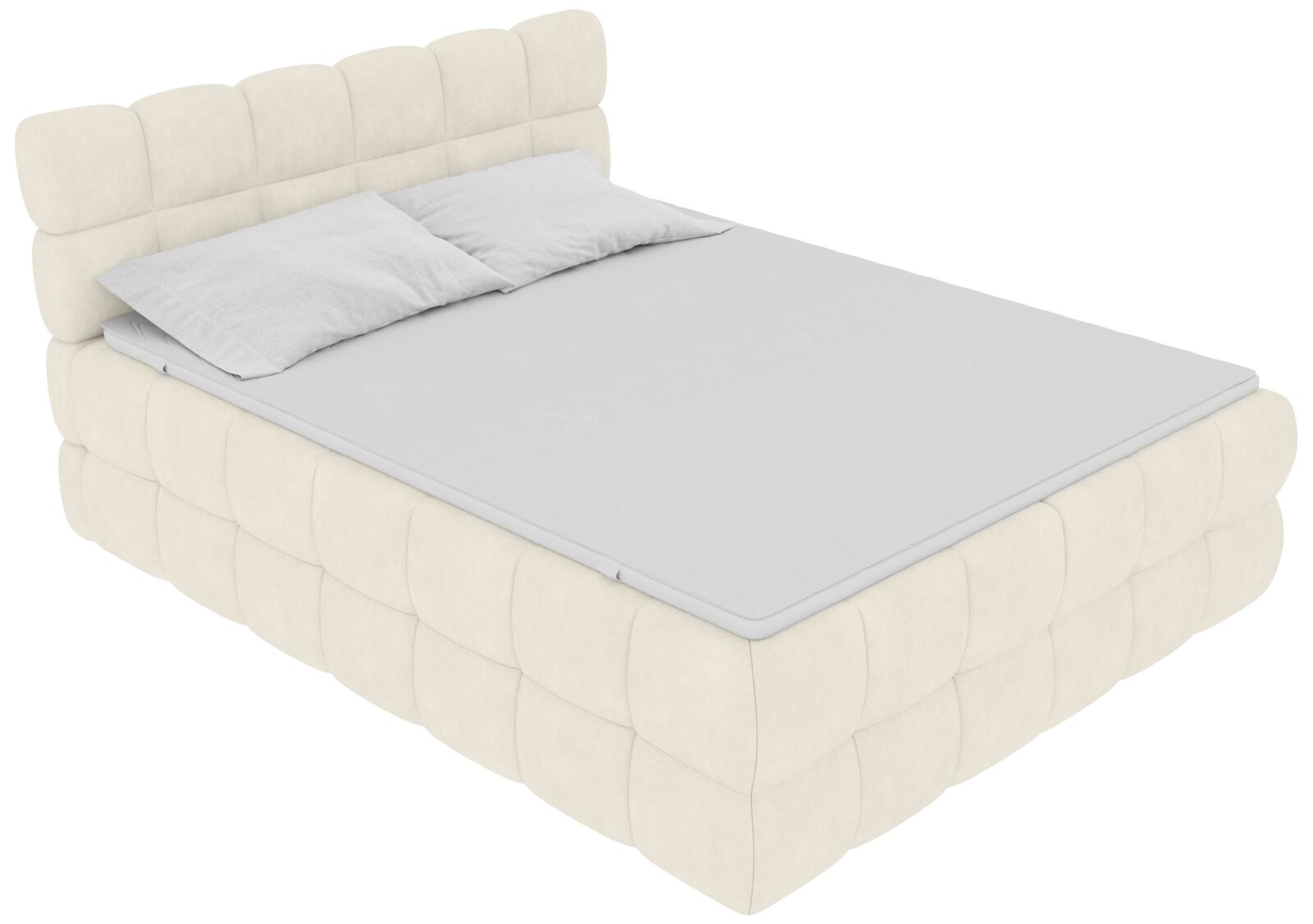 Cremefarbenes, gepolstertes Polsterbett mit gestepptem Kopfteil und Bettrahmen, mit Matratze und zwei weißen Kissen, freigestellt auf weißem Hintergrund, Ansicht schräg von vorne oben