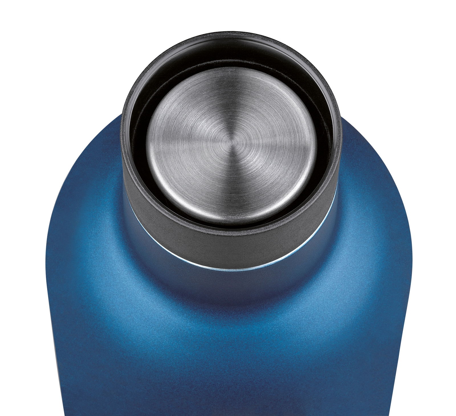 Blaue Isoliertrinkflasche mit Edelstahlverschluss, Ansicht von oben