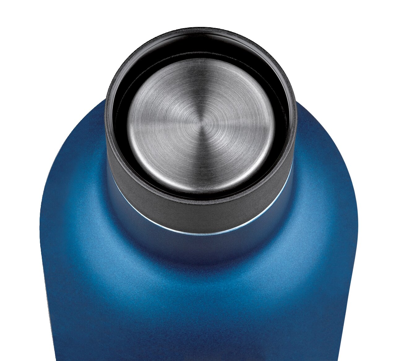 Blaue Isoliertrinkflasche mit Edelstahlverschluss, Ansicht von oben