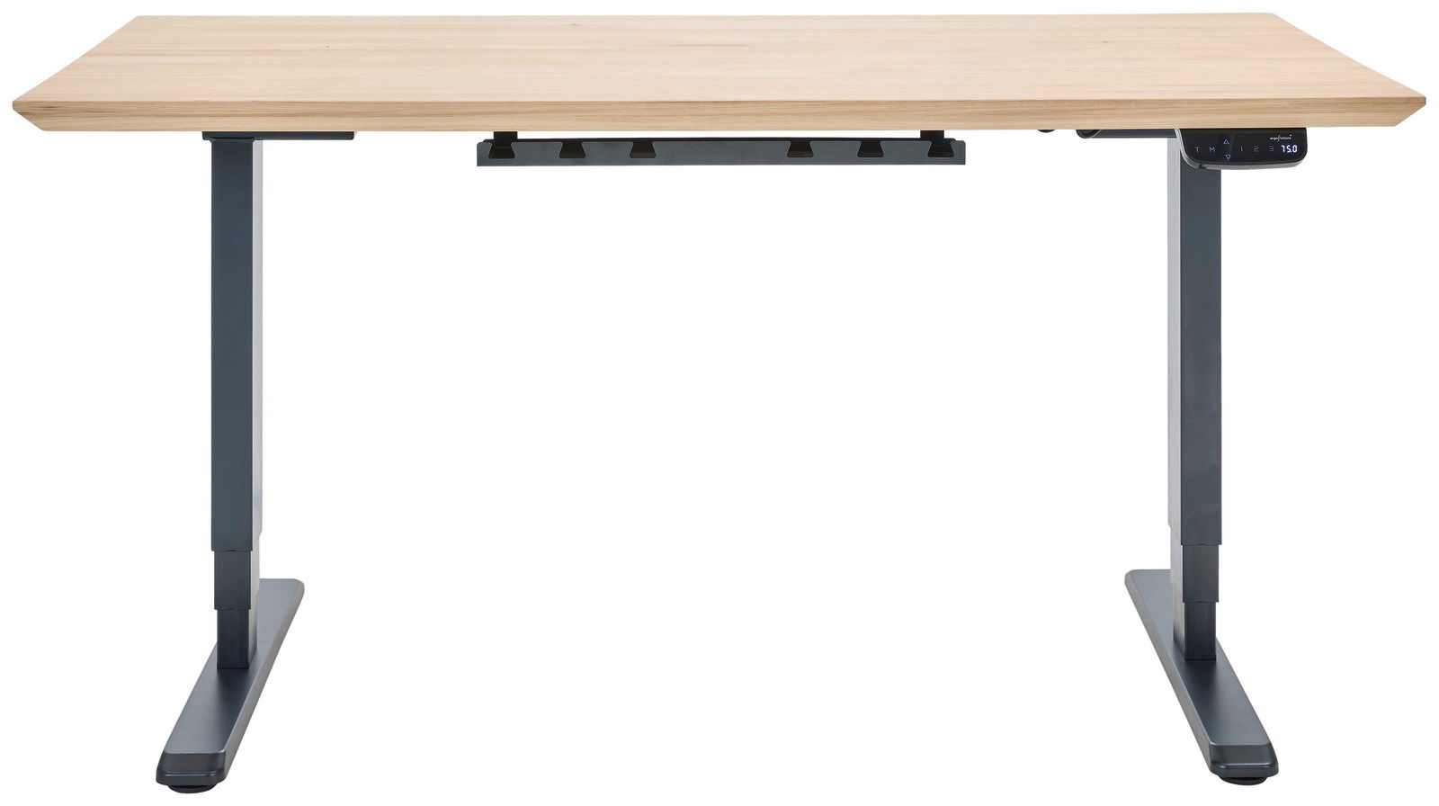 Elektrisch höhenverstellbarer Schreibtisch mit Holzplatte und schwarzem Gestell, Frontalansicht