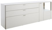 Weißes Sideboard mit drei Schubladen und einem offenen Fach, seitliche Perspektive