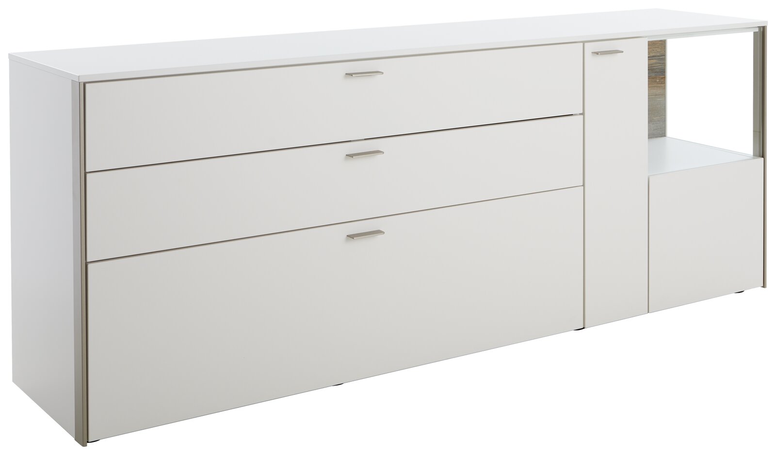 Weißes Sideboard mit drei Schubladen und einem offenen Fach, seitliche Perspektive