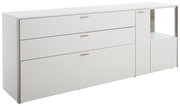 Weißes Sideboard mit drei Schubladen und einem offenen Fach, seitliche Perspektive