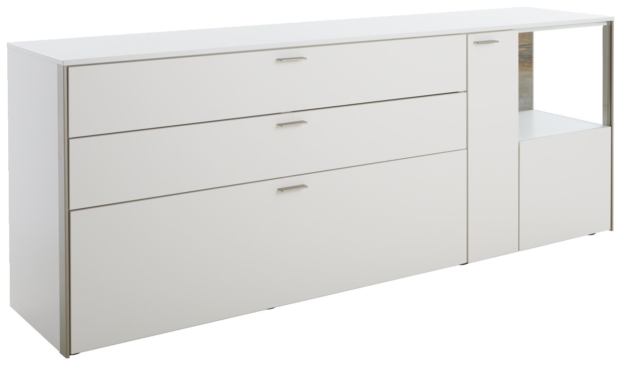 Weißes Sideboard mit drei Schubladen und einem offenen Fach, seitliche Perspektive