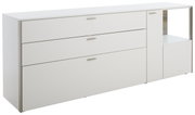 Weißes Sideboard mit drei Schubladen und einem offenen Fach, seitliche Perspektive