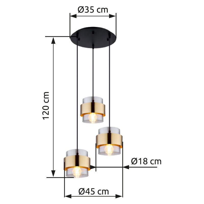 Moderne Hängeleuchte mit drei goldenen Lampenschirmen, von der Seite betrachtet, mit Maßen: 120 cm Höhe, 35 cm Deckenplatte Durchmesser, 18 cm Lampenschirm Durchmesser, 45 cm Gesamtbreite.
