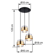 Moderne Hängeleuchte mit drei goldenen Lampenschirmen, von der Seite betrachtet, mit Maßen: 120 cm Höhe, 35 cm Deckenplatte Durchmesser, 18 cm Lampenschirm Durchmesser, 45 cm Gesamtbreite.