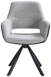 Moderner grauer Armlehnstuhl mit vier schwarzen Beinen, Frontalansicht