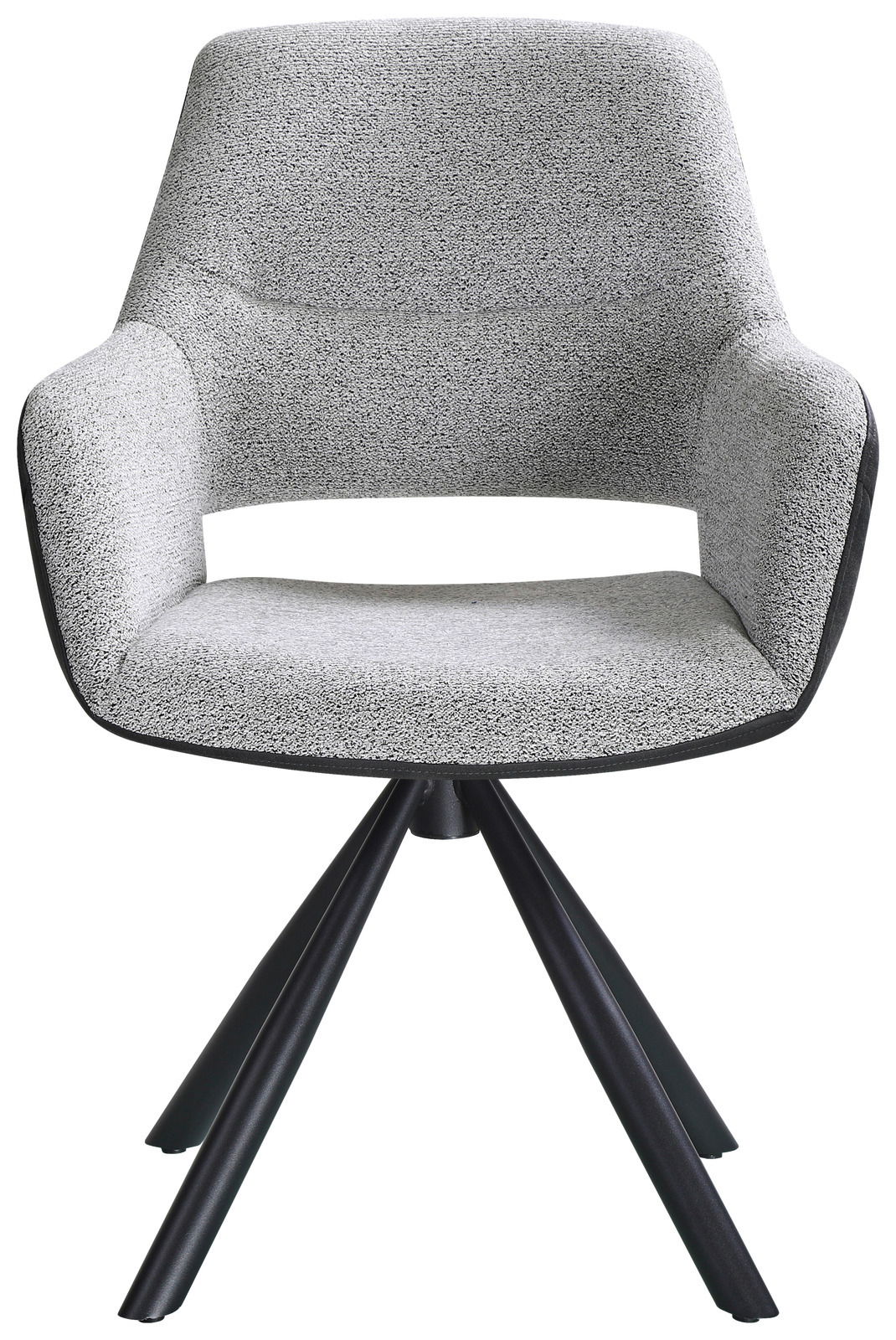 Moderner grauer Armlehnstuhl mit vier schwarzen Beinen, Frontalansicht