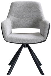 Moderner grauer Armlehnstuhl mit vier schwarzen Beinen, Frontalansicht