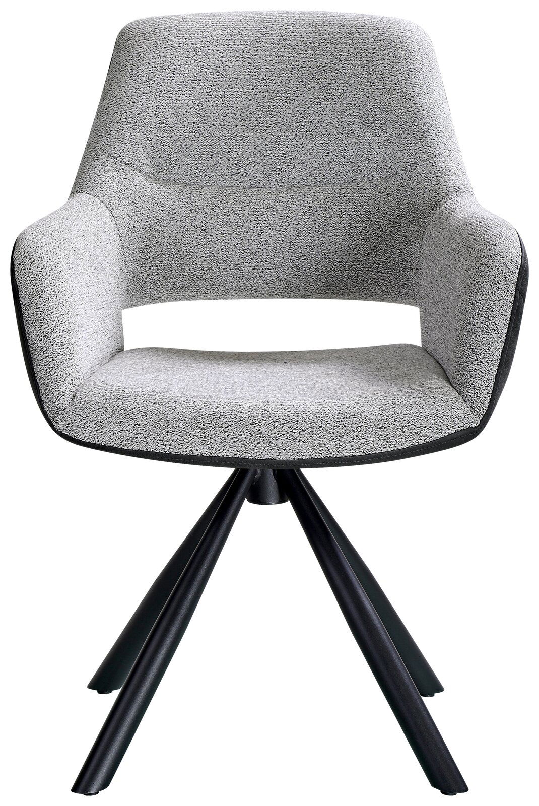 Moderner grauer Armlehnstuhl mit vier schwarzen Beinen, Frontalansicht