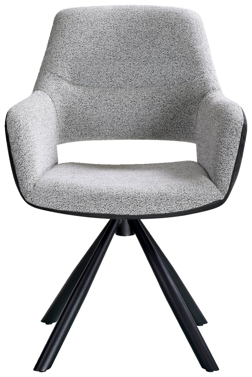 Moderner grauer Armlehnstuhl mit vier schwarzen Beinen, Frontalansicht