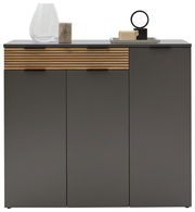 Moderner Schuhschrank in dunklem Grau mit Holzdetails, dekoriert mit Vasen und Skulpturen, Frontalansicht