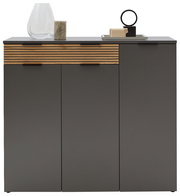 Moderner Schuhschrank in dunklem Grau mit Holzdetails, dekoriert mit Vasen und Skulpturen, Frontalansicht