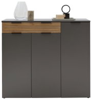 Moderner Schuhschrank in dunklem Grau mit Holzdetails, dekoriert mit Vasen und Skulpturen, Frontalansicht