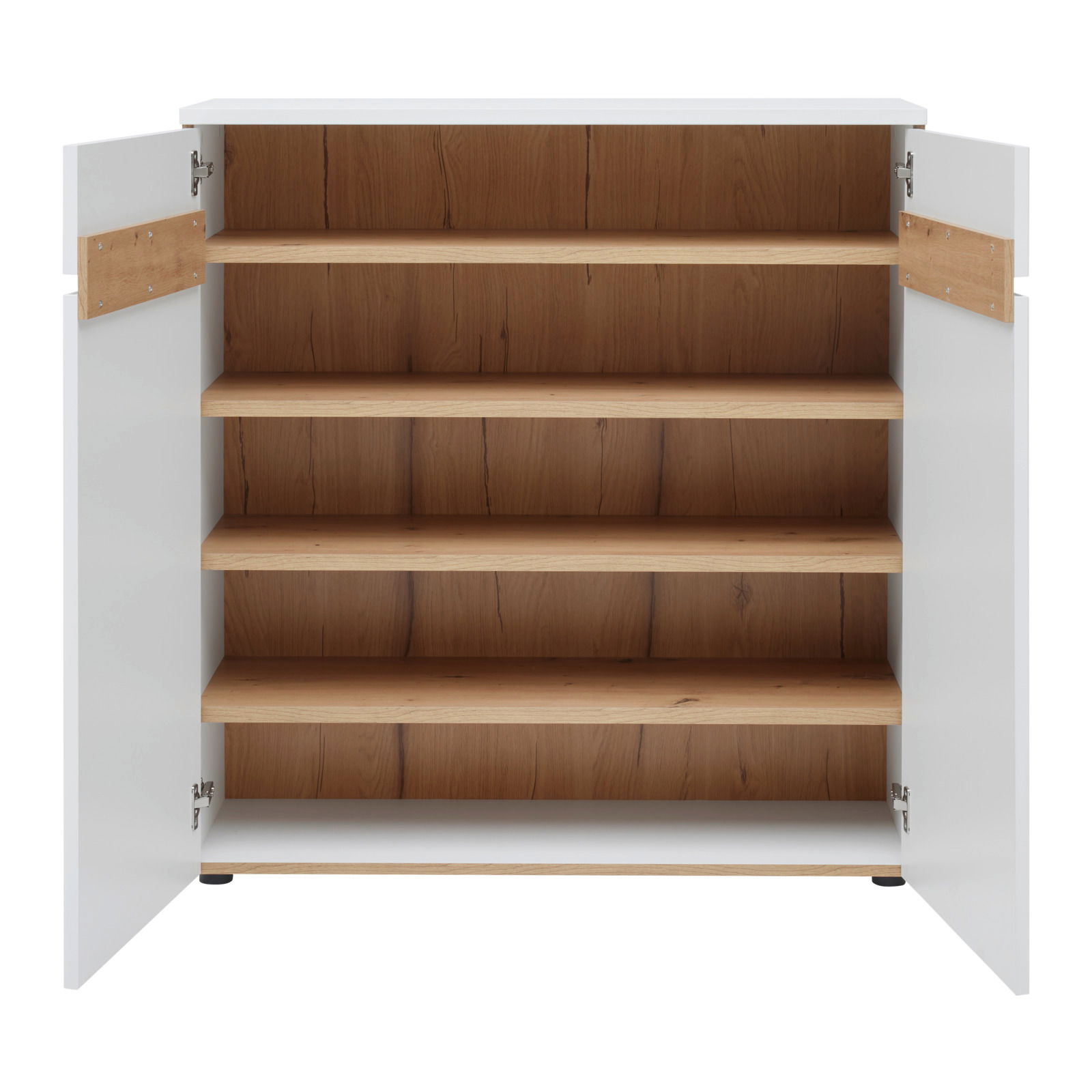 Frontansicht einer geöffneten weißen Kommode mit Holzeinlegeböden und zwei Türen.