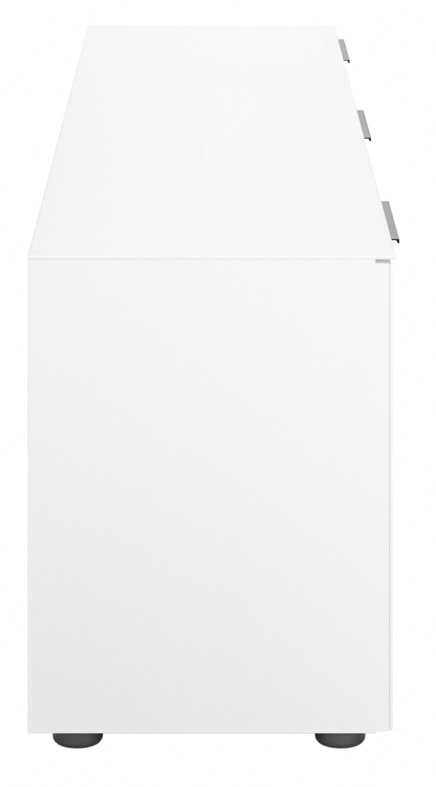 Seitenansicht eines weißen TV-Lowboards mit schlichten Linien und modernen Griffen