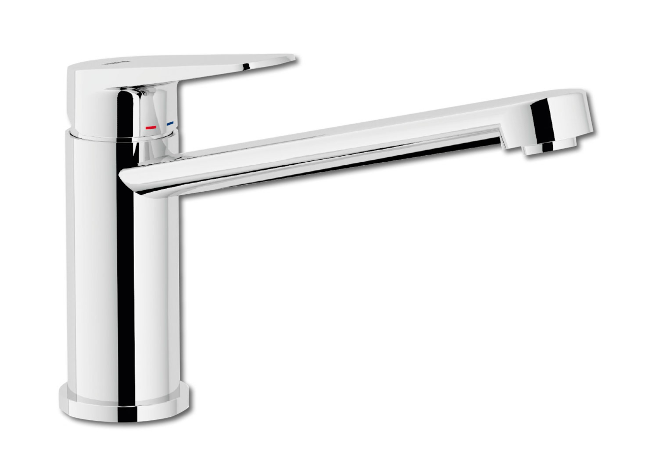 Einhebelmischer in seitlicher Perspektive mit glänzender Chromoberfläche