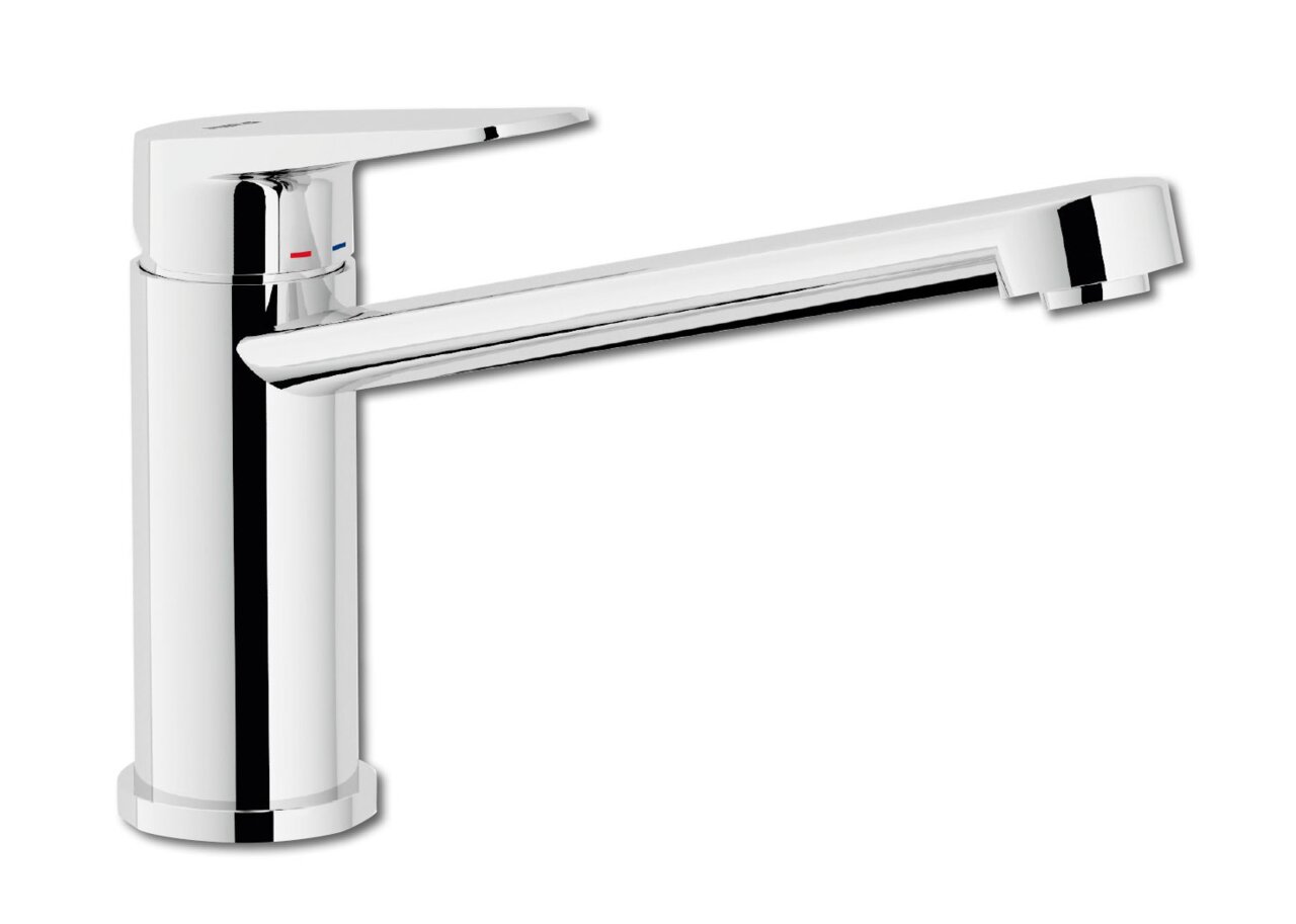 Einhebelmischer in seitlicher Perspektive mit glänzender Chromoberfläche
