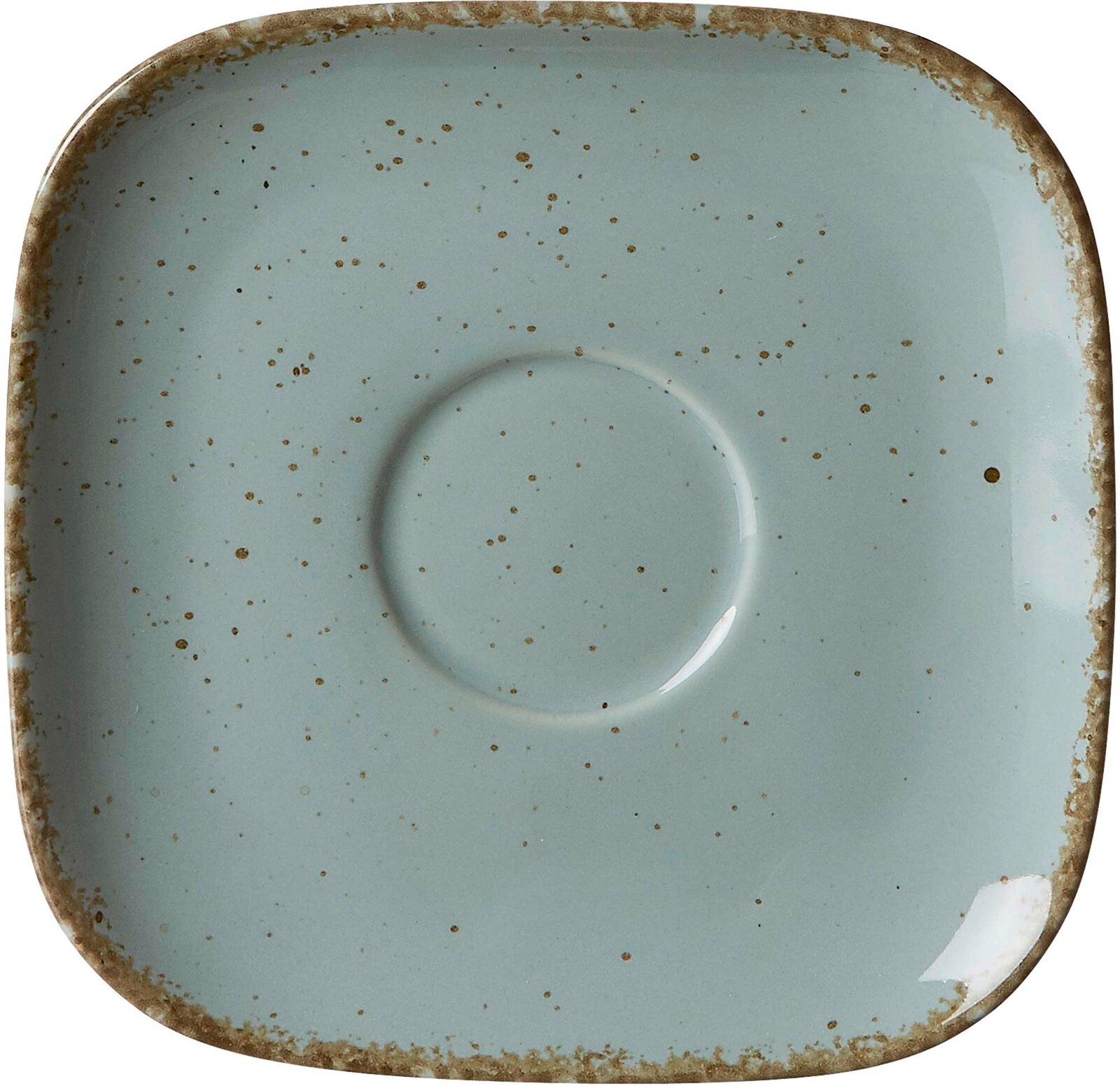 Ritzenhoff & Breker Untertasse CASA eckig blau Vogelperspektive auf eine quadratische, blaue Untertasse mit gesprenkeltem Design und rustikalem Rand.