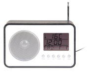 Digitale wekkerradio met temperatuurweergave en luidsprekerrooster, vooraanzicht