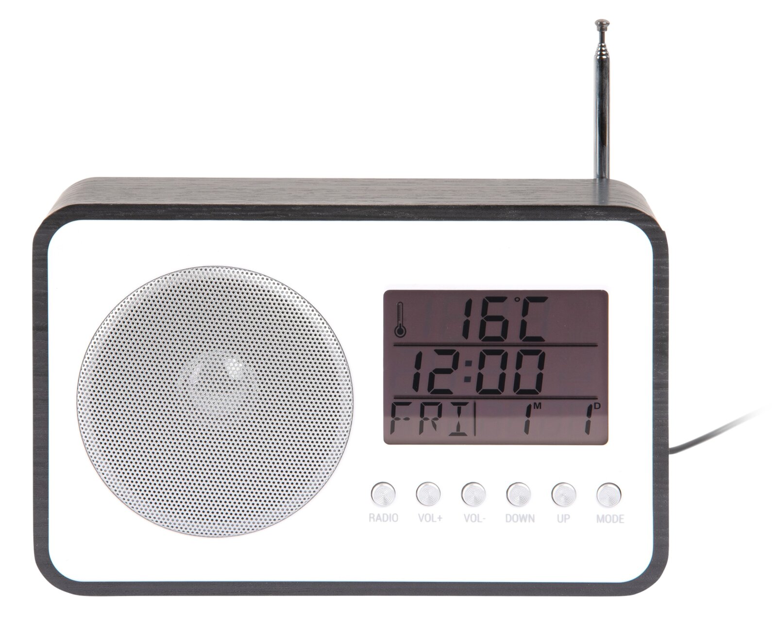 Digitale wekkerradio met temperatuurweergave en luidsprekerrooster, vooraanzicht