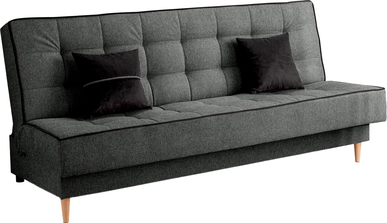 Graues Schlafsofa mit drei Sitzplätzen, zwei schwarzen Kissen und Holzbeinen, seitliche Perspektive