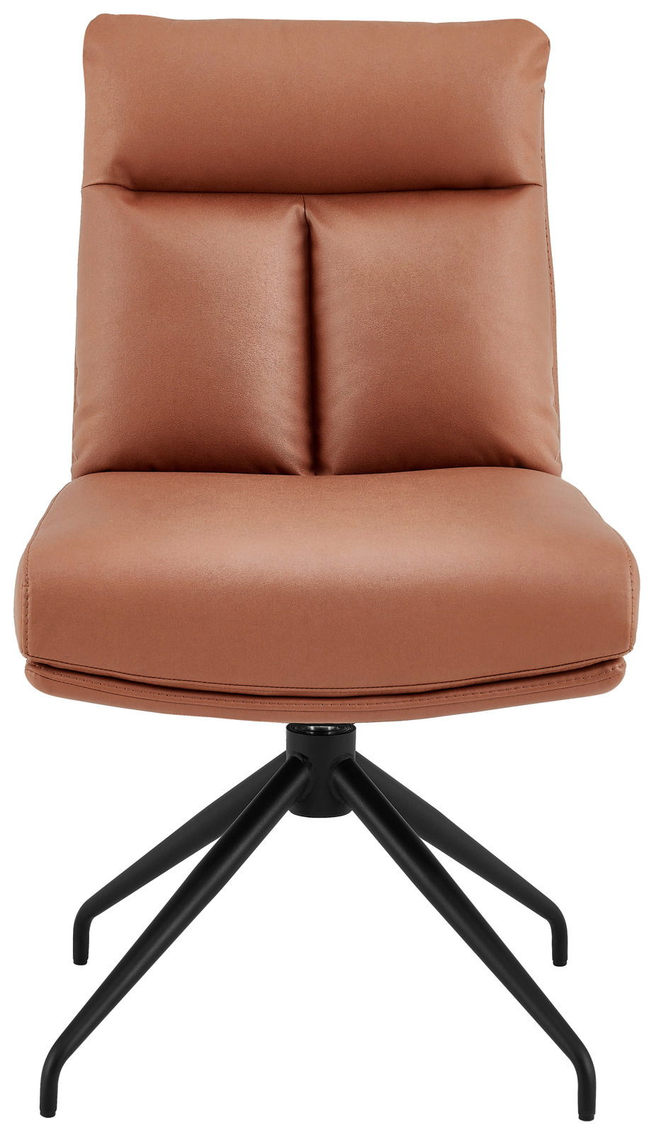 Moderner brauner Stuhl mit schwarzem Metallgestell, Frontalansicht