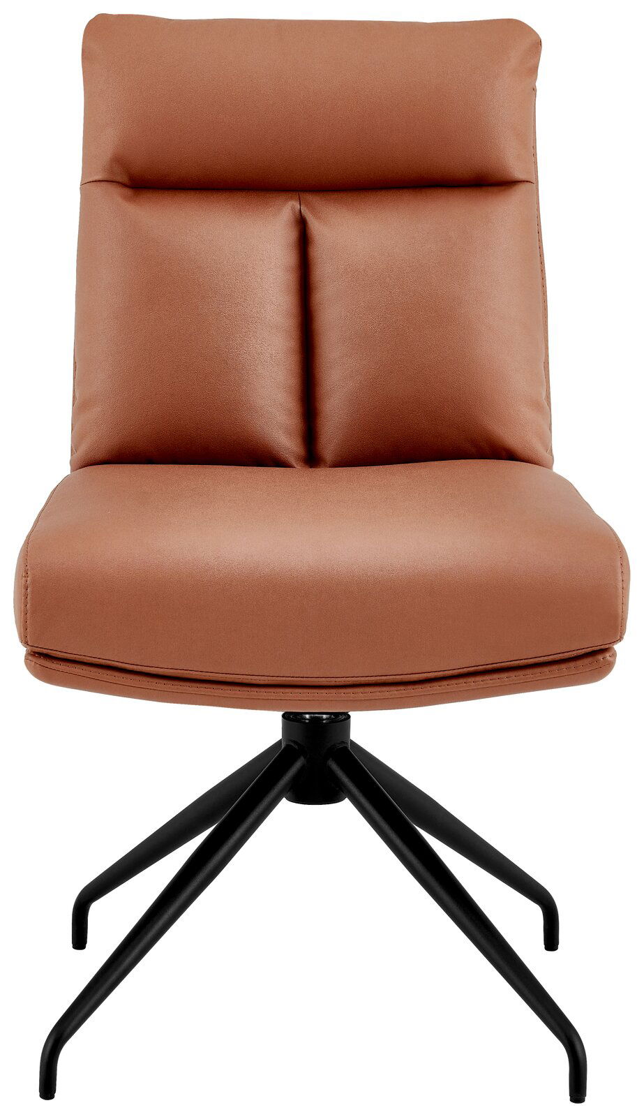 Moderner brauner Stuhl mit schwarzem Metallgestell, Frontalansicht