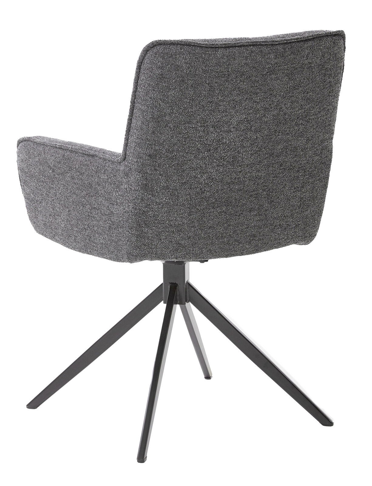 Grauer Armlehnstuhl mit Stoffbezug, Rückansicht, auf schwarzem Metallgestell mit vier Beinen.