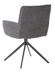 Grauer Armlehnstuhl mit Stoffbezug, Rückansicht, auf schwarzem Metallgestell mit vier Beinen.