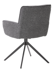 Grauer Armlehnstuhl mit Stoffbezug, Rückansicht, auf schwarzem Metallgestell mit vier Beinen.