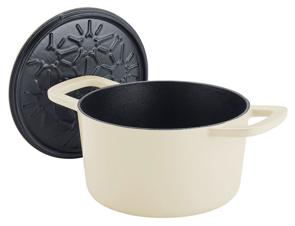 Runder weißer Bräter mit Deckel, seitliche Perspektive