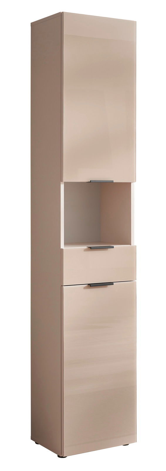 XORA Hochschrank SANTORIN Hochschrank in beige mit zwei Türen und einer Schublade, frontal fotografiert