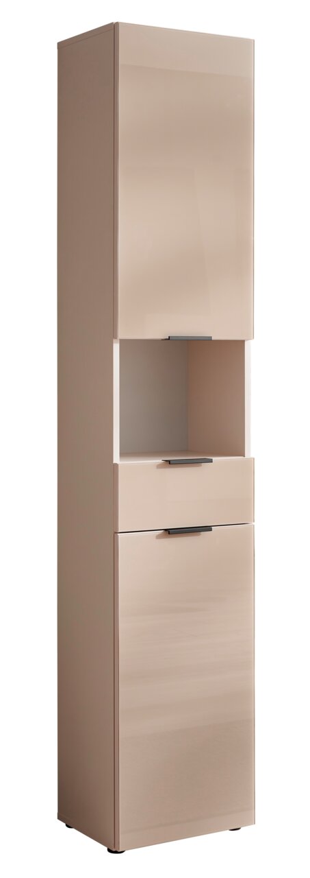 Hochschrank in beige mit zwei Türen und einer Schublade, frontal fotografiert