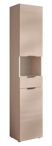 Hochschrank in beige mit zwei Türen und einer Schublade, frontal fotografiert