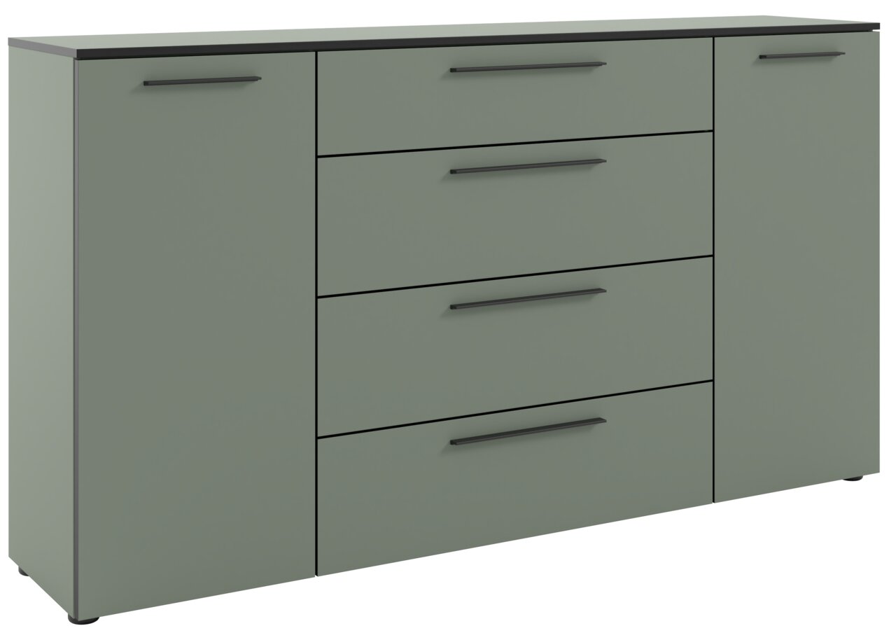 XL-Sideboard in grauer Farbe mit vier Schubladen und zwei Türen, frontale Perspektive