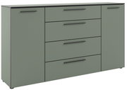 XL-Sideboard in grauer Farbe mit vier Schubladen und zwei Türen, frontale Perspektive