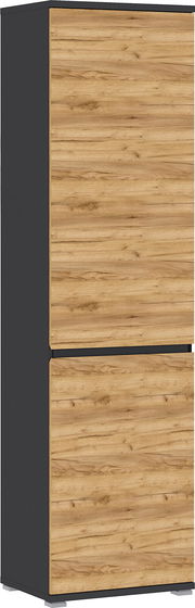 Moderner XL-Schuh- und Garderobenschrank mit Holzoptik und dunklem Rahmen, seitliche Perspektive