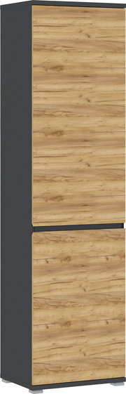 Moderner XL-Schuh- und Garderobenschrank mit Holzoptik und dunklem Rahmen, seitliche Perspektive