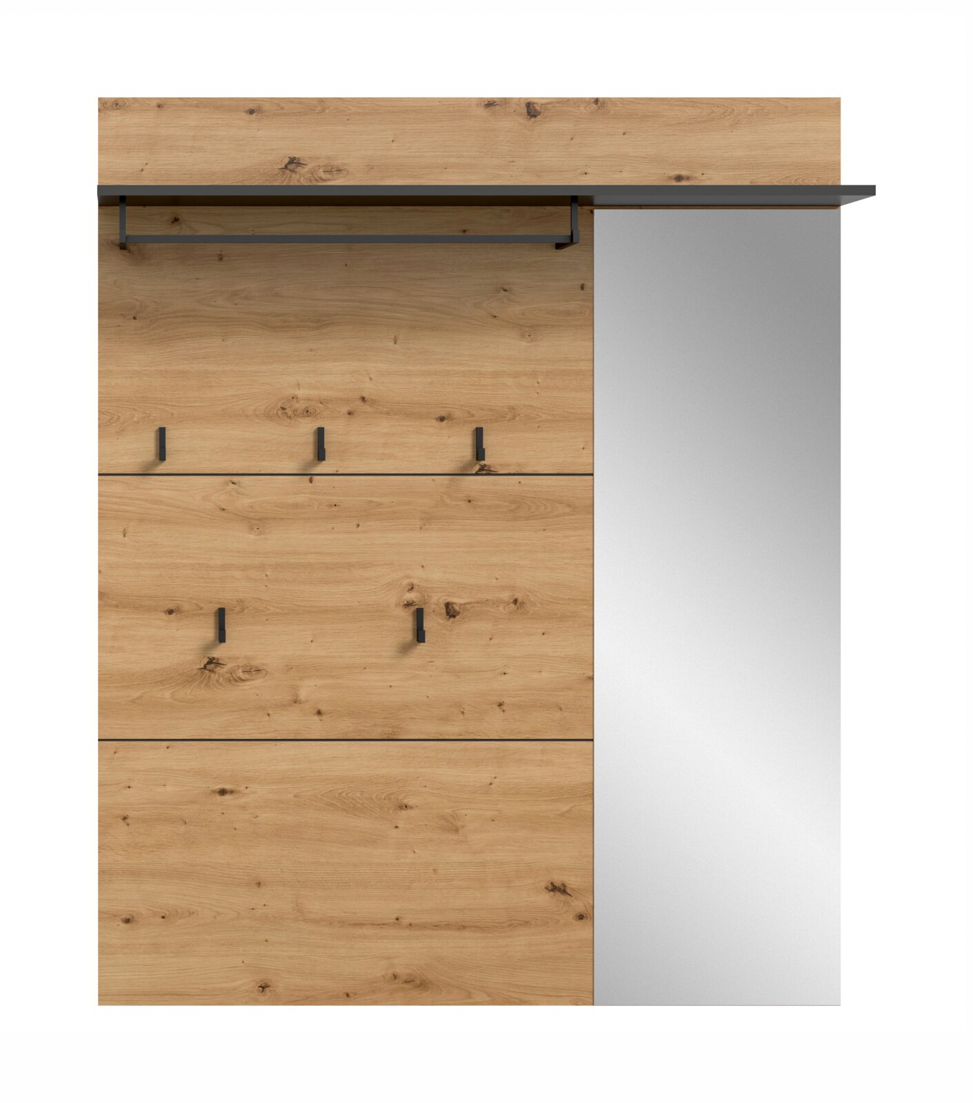 Moderne Garderobe aus naturfarbenem Holz mit Metallablage und Haken, Frontansicht