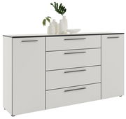 Modernes XL-Sideboard in Weiß mit vier Schubladen und zwei Türen, dekoriert mit Vasen und Pflanzen, Frontalansicht