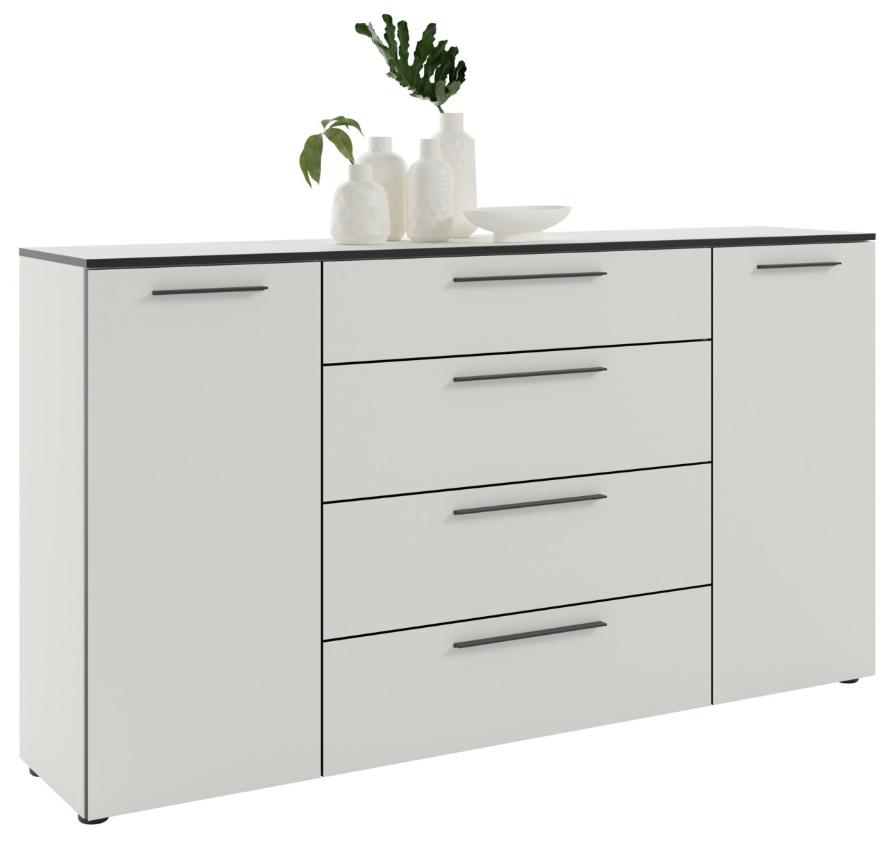Modernes XL-Sideboard in Weiß mit vier Schubladen und zwei Türen, dekoriert mit Vasen und Pflanzen, Frontalansicht